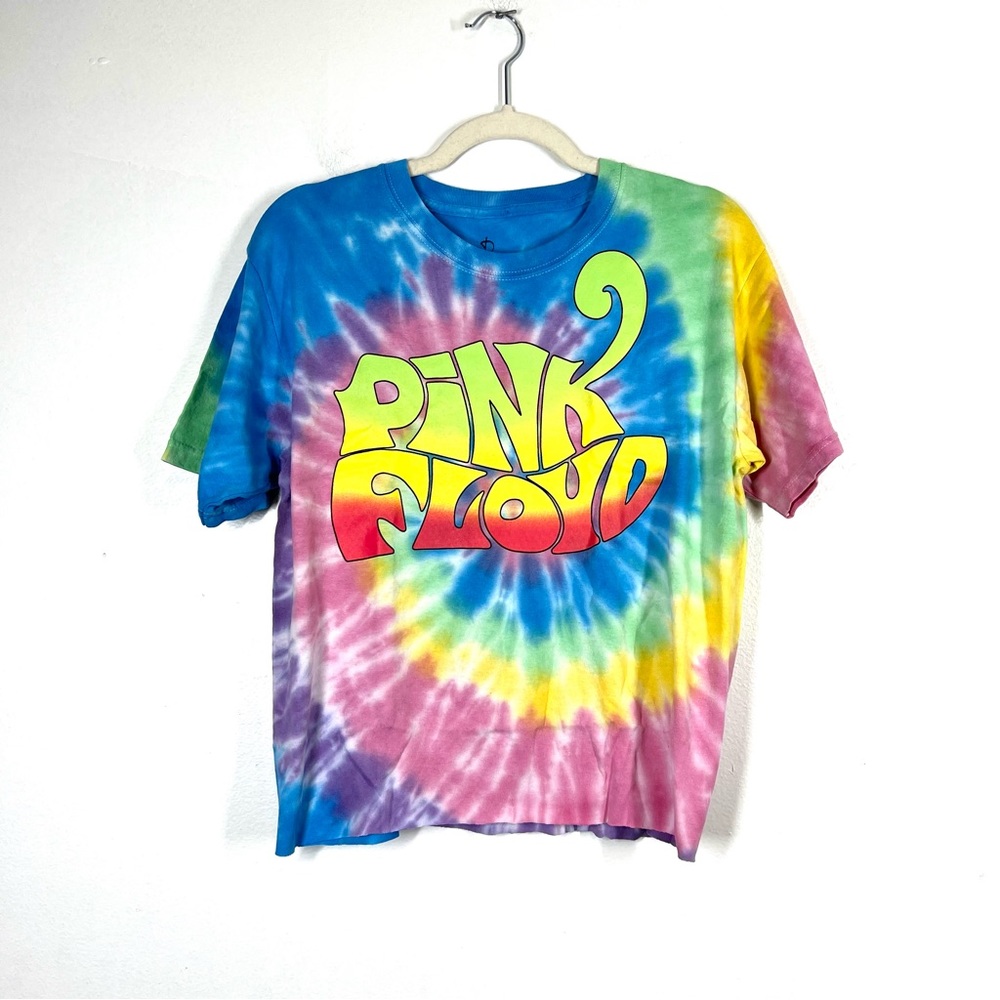 PINK FLOYD Retro Vintage Style Tie Dye Band Tee Cropped Waist Raw Hem Medium